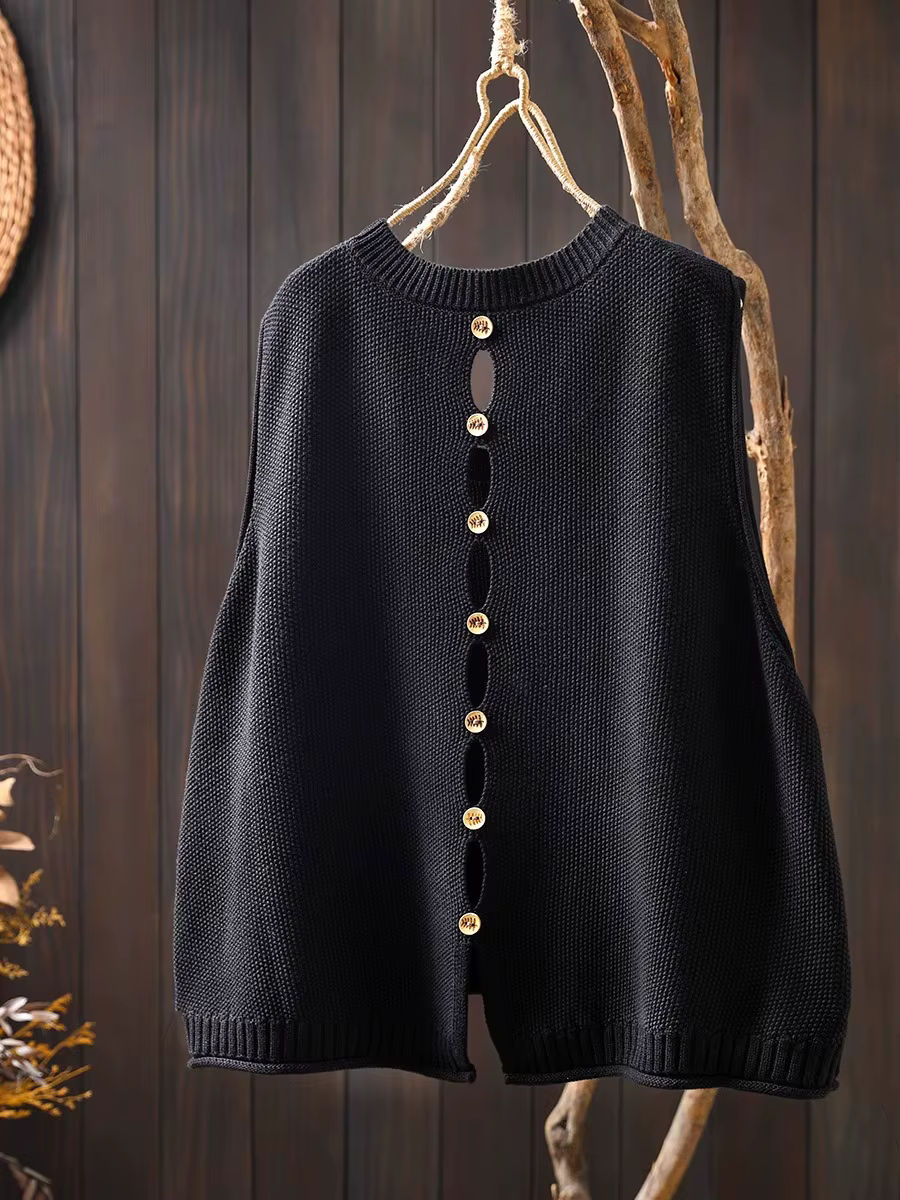 Gilet tricoté en fil de coton ample pour femmes, style décontracté, automne hiver, bouton arrière, col rond, polyvalent, confortable et élégant