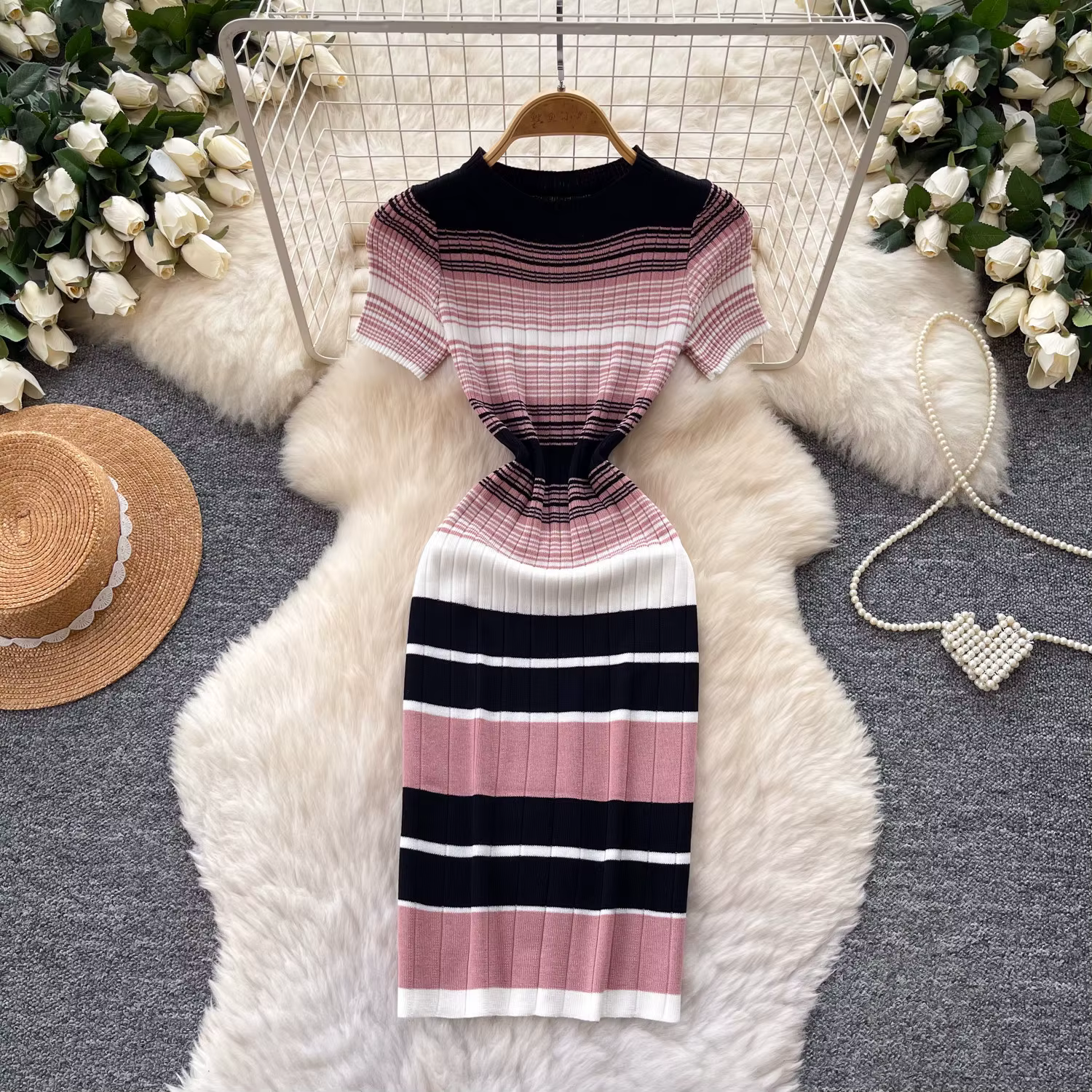 Robe longue femme en maille, style Y2K streetwear, col rond, manches courtes, rayée, élégante, avec empiècements, pour soirée, nuit, travail 2026