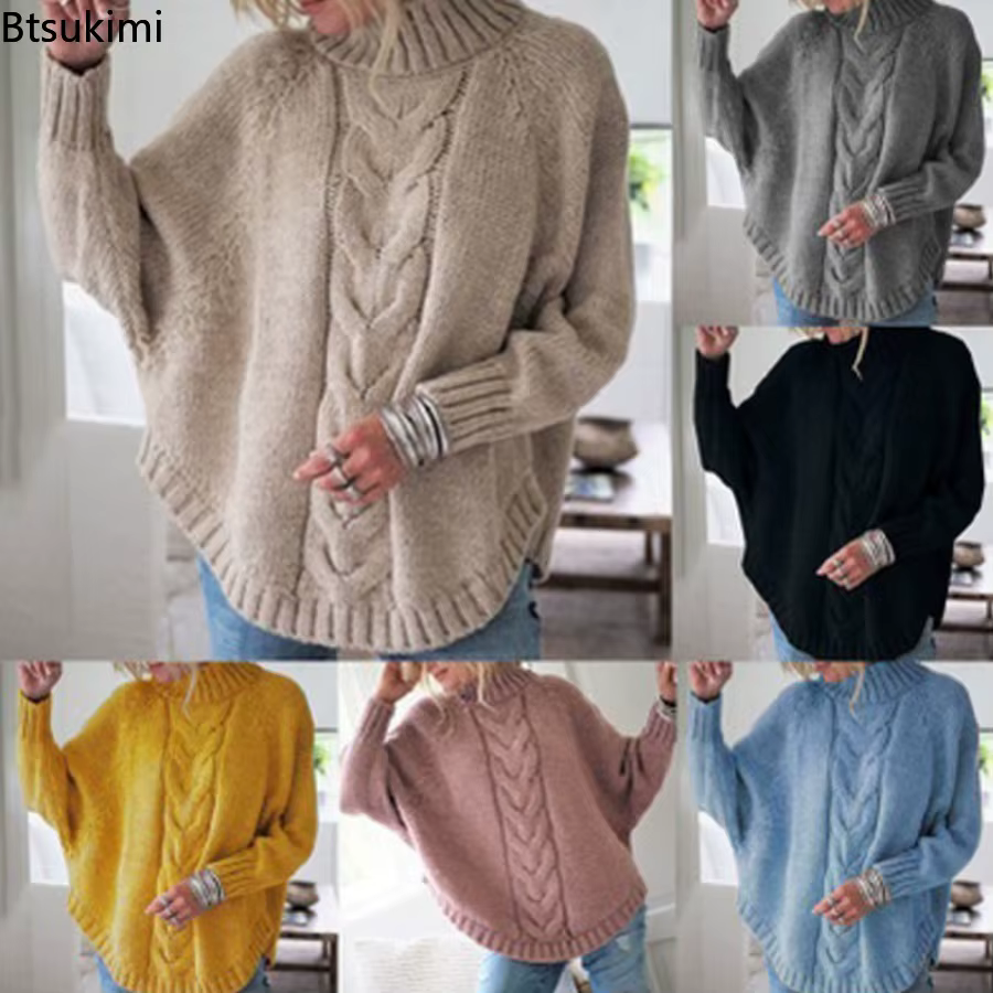 Pull-over col roulé décontracté pour femme 2026 – Basiques tricotés amples à manches chauve-souris pour l'automne et