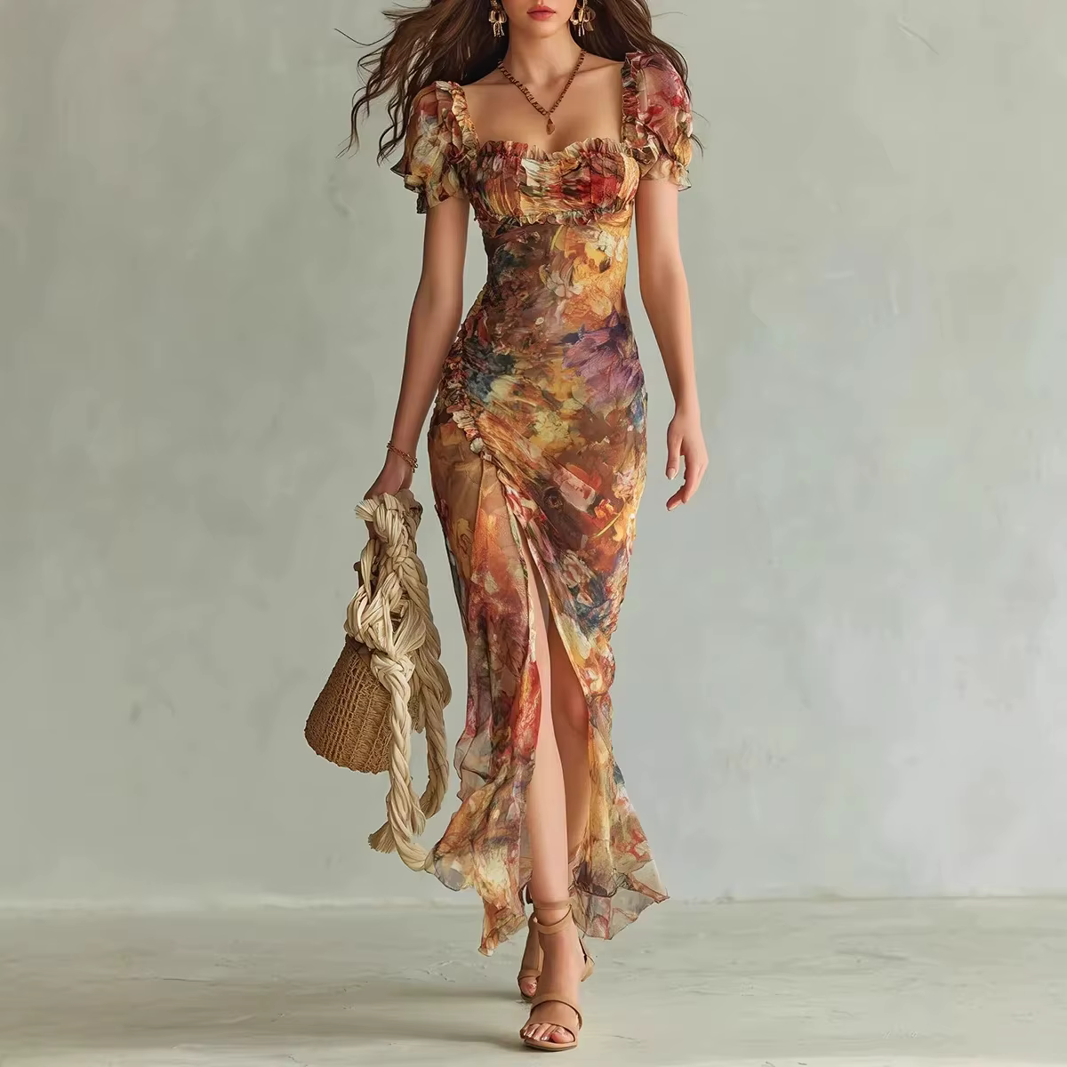 Robe d'été pour femme à col carré, imprimé bohème tendance, taille fendue, dentelle, manches courtes, nouvelle collection, polyvalente et élégante