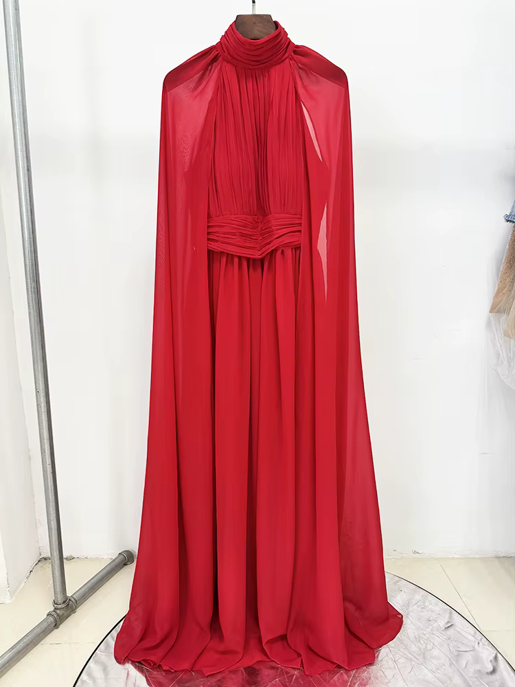 Robe de soirée rouge en mousseline de soie, col haut, manches Cape, robe Maxi plissée élégante pour Occasions formelles, robe longue de bal de qualité