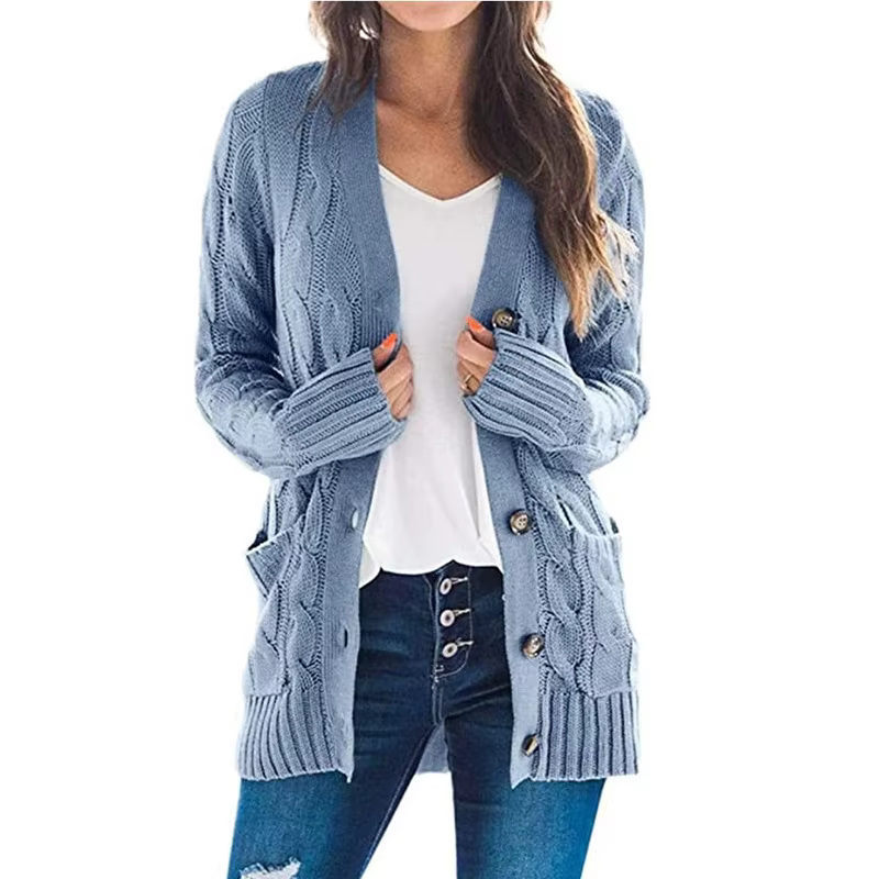 Cardigan en tricot torsadé bleu clair pour femme