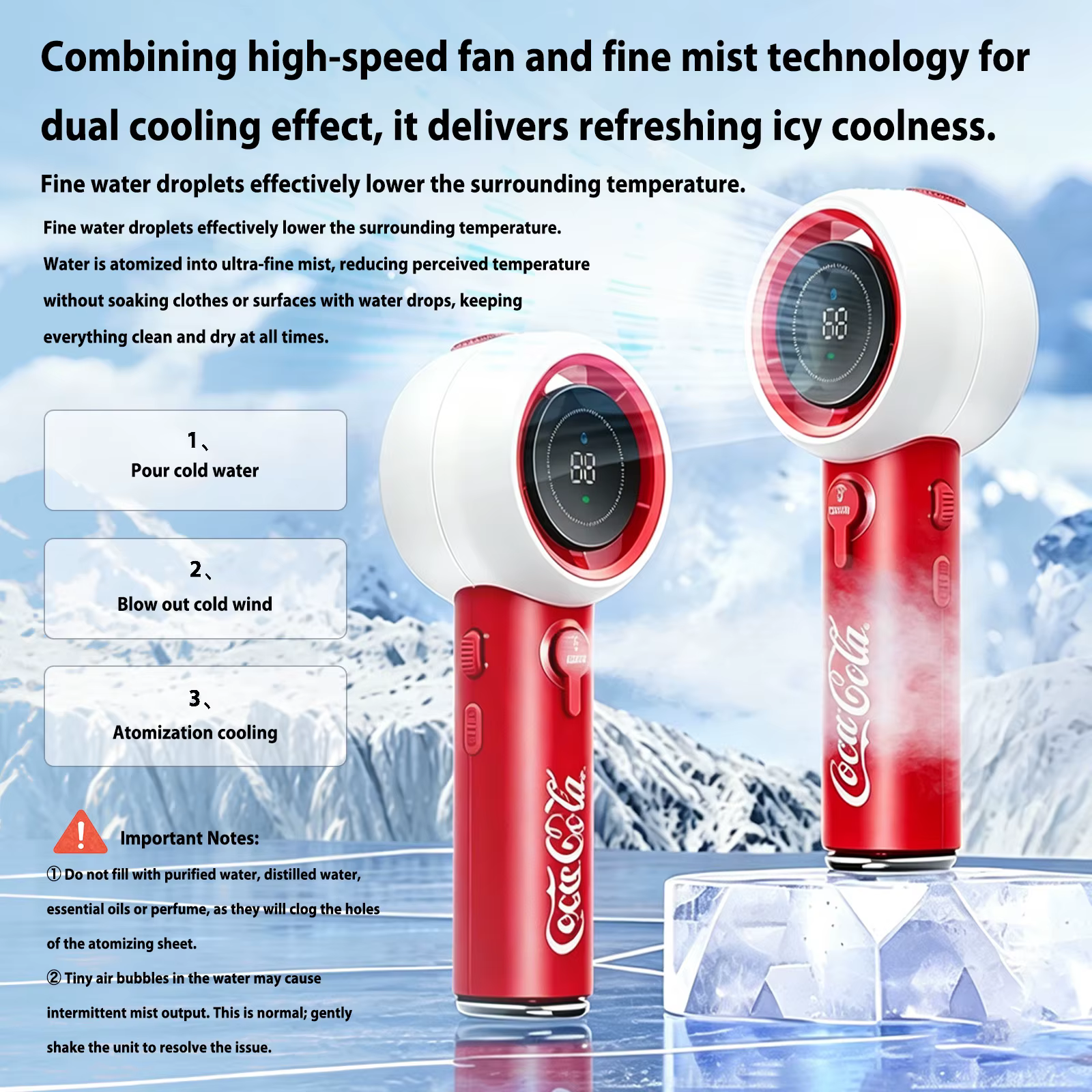Ventilateur portable à brumisation d'eau Coca-Cola Mini 3000 mAh, 5 vitesses, rechargeable par USB, pour extérieur