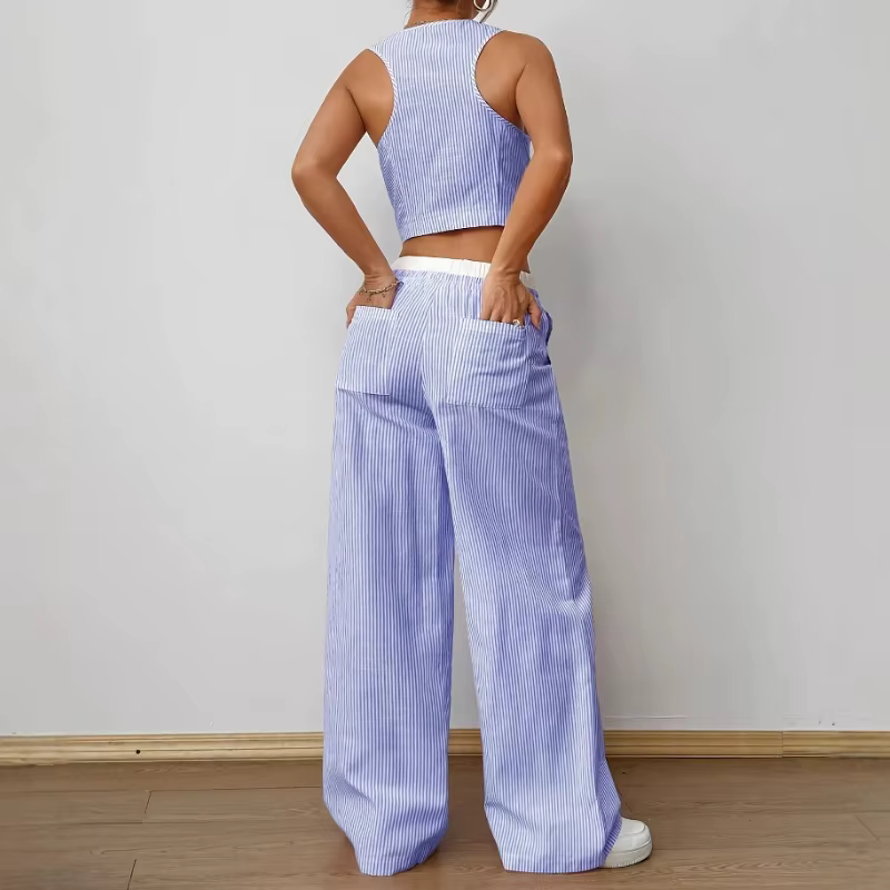 2025 nouveau élégant rayé sans manches col en v gilet taille contraste Co pantalon deux pièces ensemble été Woen ensembles mode costume haut