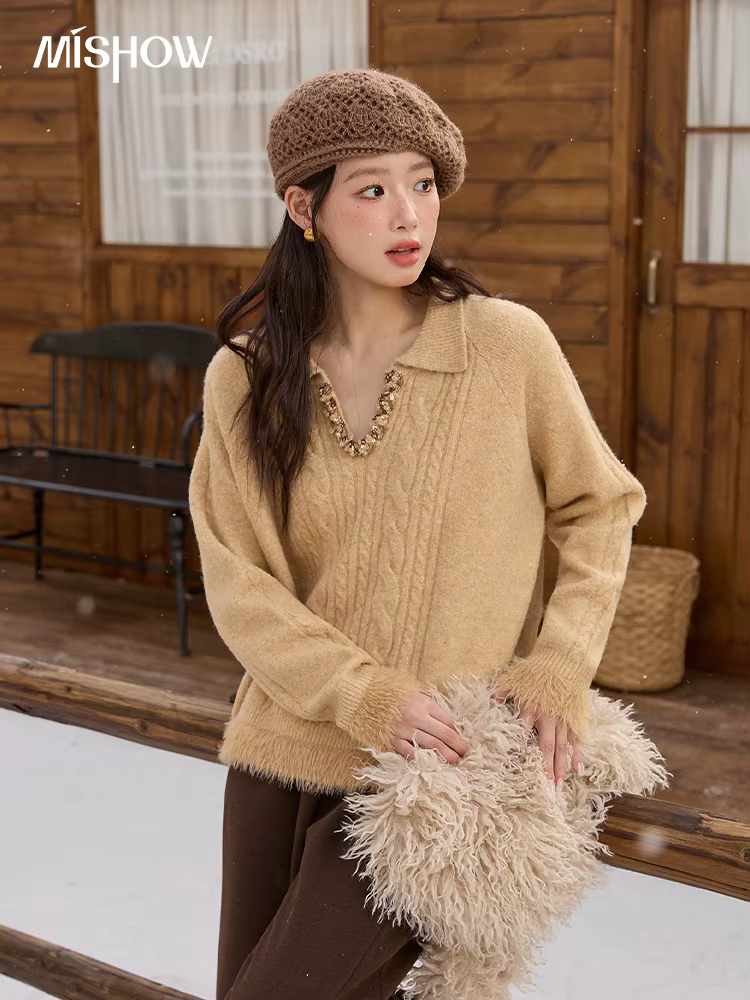 MISHOW jaune tricoté pull pour femmes 2025 hiver nouveau manches longues câble en peluche ourlet couture