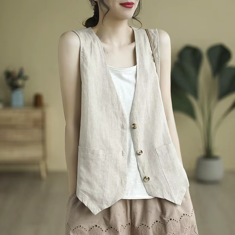Gilet en lin et coton pour femmes, sans manches, style Boho, col en v, court, décontracté, sur chemise, léger, couleur unie, vêtements d'extérieur, été