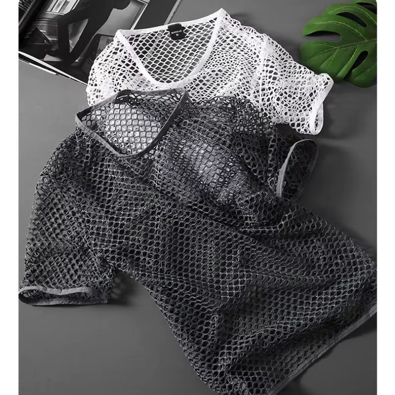 T-shirt en maille respirant pour homme, manches courtes, été, tendance, ajouré, débardeur sexy à manches courtes
