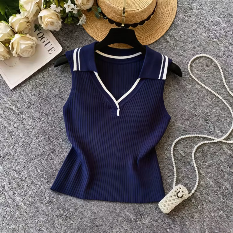 Gilet pull sans manches en maille côtelée extensible pour femme, col marin rayé bleu marine, col en V, décontracté, pour superposition