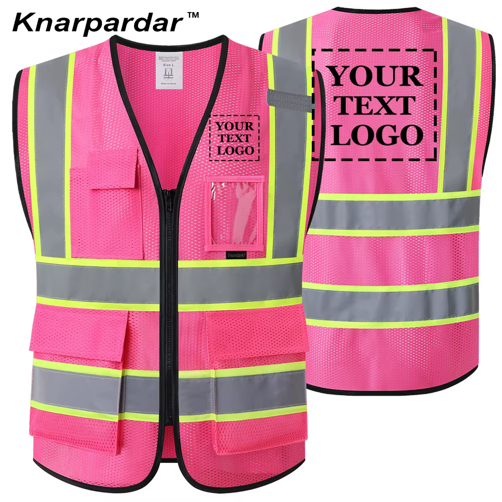 Gilet de travail noir et rose personnalisable avec votre logo – Veste de travail, vêtements de travail avec logo d'entreprise, gilet de chantier extérieur