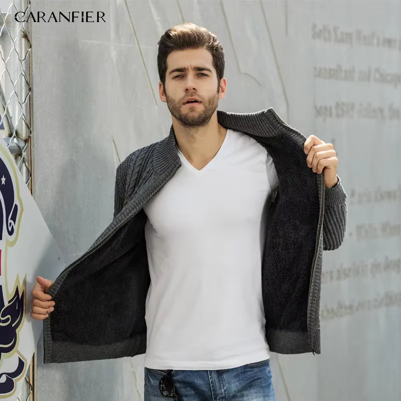 CARANFIER velours fermeture éclair marque chandails hommes tricoté Cardigan coupe ajustée vêtements solide côtelé bas pull tricots manteaux 3XL