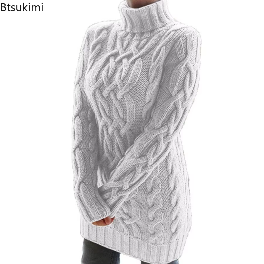 Femmes pull à col roulé nouveau automne hiver épaissir à manches longues tricoté rétro longueur moyenne chandails dames
