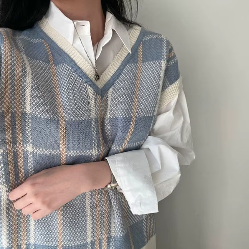 Vintage col en v Plaid Pull gilet femmes automne hiver