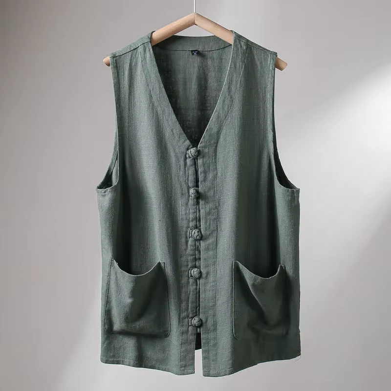 Gilet en lin pour homme, style chinois, boutons grenouillère, col en V, sans manches, coupe ample, décontracté, pour l'été