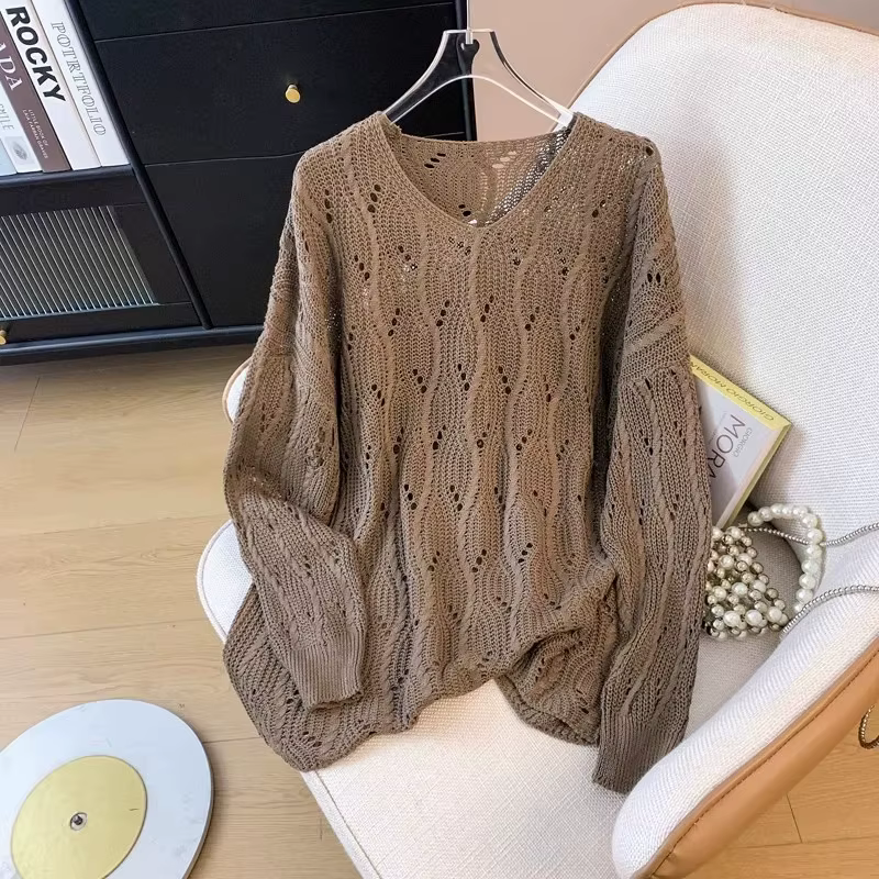 Pull en tricot ample et ajouré pour femme, col rond, manches longues, léger et respirant, style décontracté et moderne, pour les saisons printemps et automne