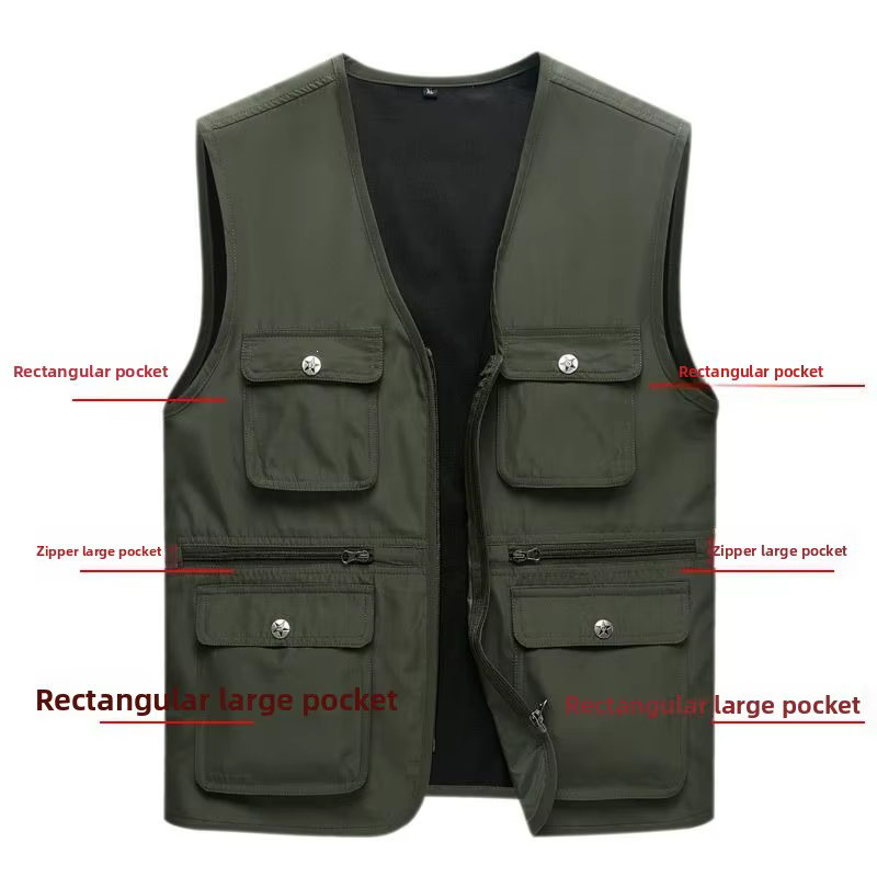 Gilet de pêche d'extérieur pour homme, léger, col en V, avec poches zippées, coupe ample, en tissu polyester, idéal pour la pêche et la photographie