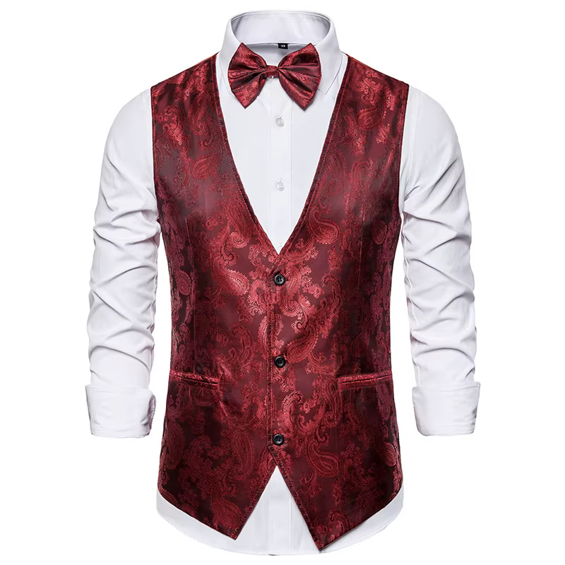 Gilet de costume Jacquard rouge vin pour hommes, haut fin en Patchwork, à la mode, pour mariage, danse, fêtes, Bars, KTV, gilet de robe décontractée