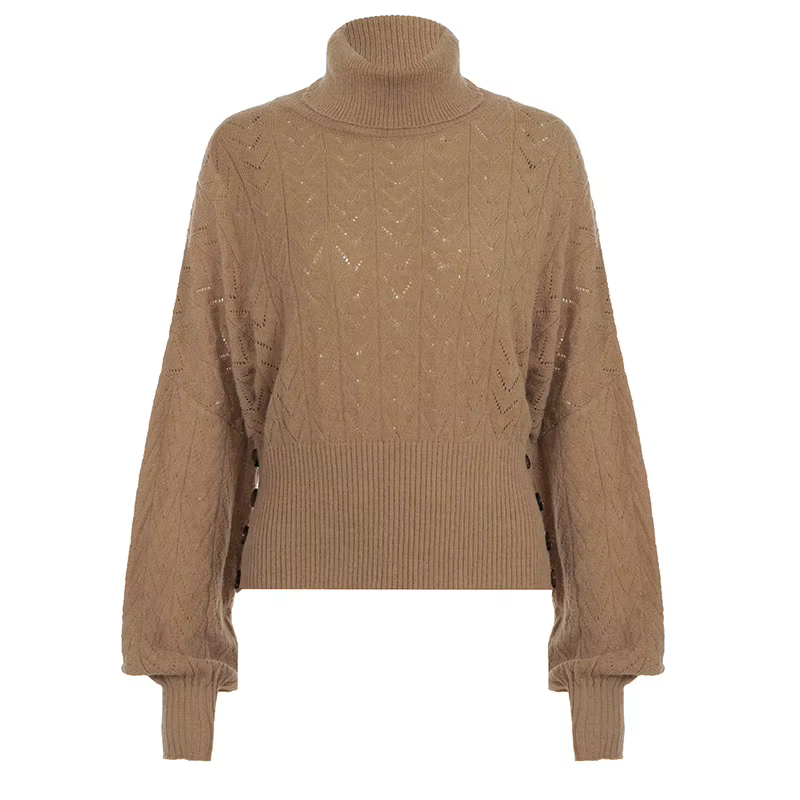 Col roulé marron tricoté pull Vintage femmes manches longues chauve-souris évider bouton tirer taille