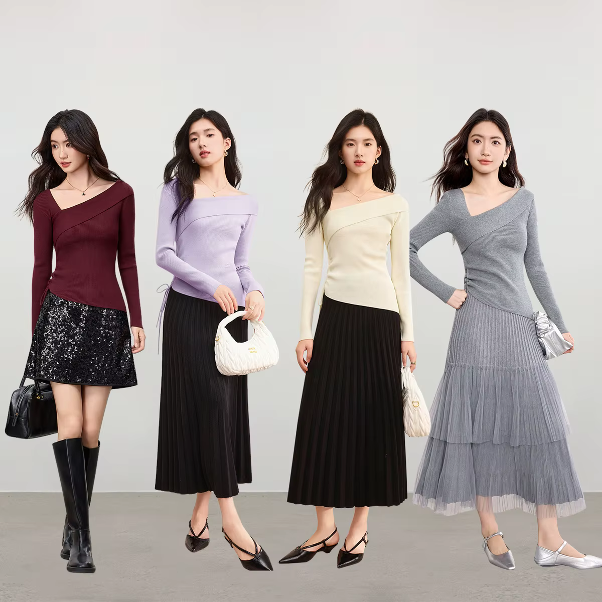 Pulls pour femmes SENTUBILA Automne 2026 – Hauts en maille ajustés avec cordon de serrage latéral et col asymétrique rabattable W53HA3051