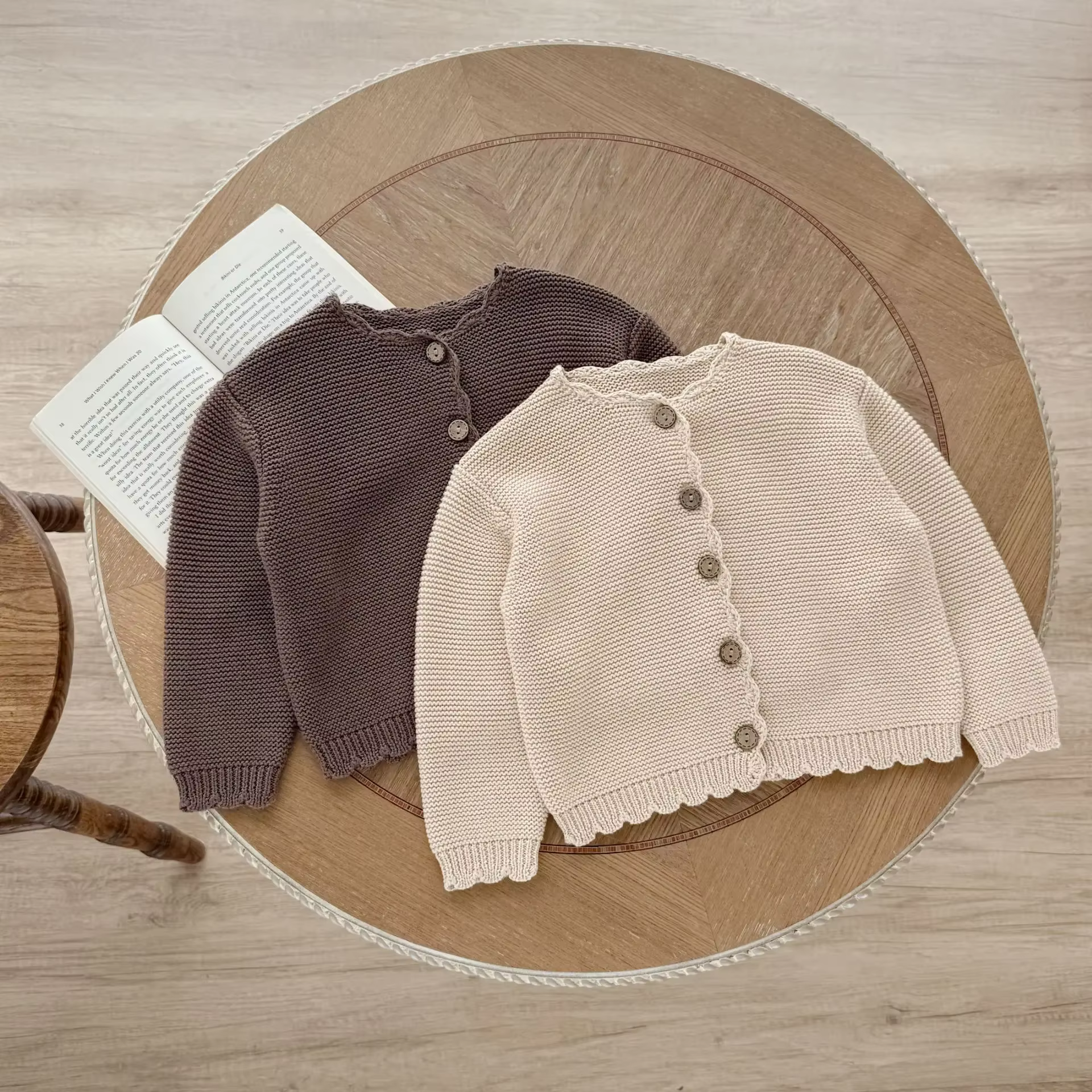 Cardigan tricoté en coton pour bébé fille et garçon de 0 à 3 ans, nouveau-né festonné à la main, manches longues, pull boutonné, vêtements d'extérieur d'automne et d'hiver