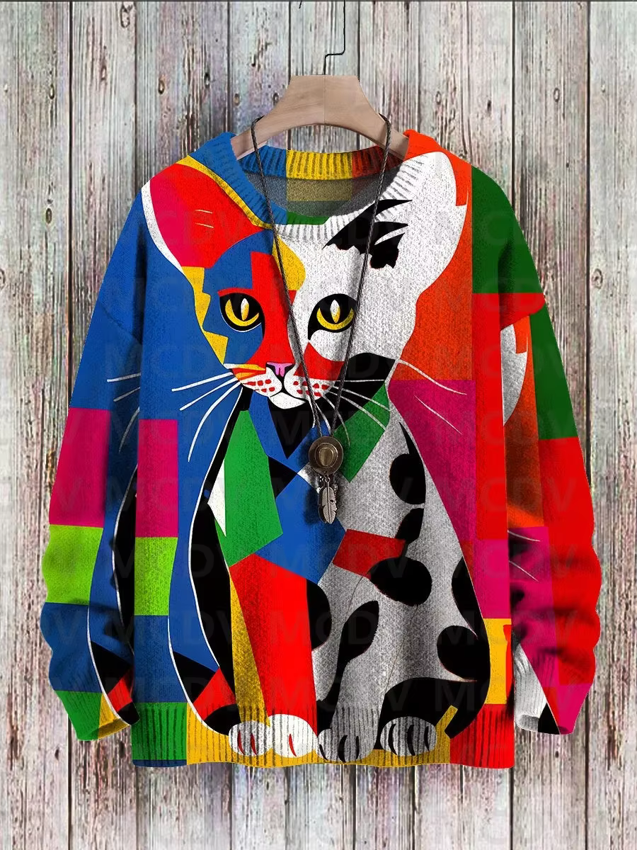 Pull en tricot imprimé multicolore pour hommes et femmes, pull décontracté, chat d'art abstrait