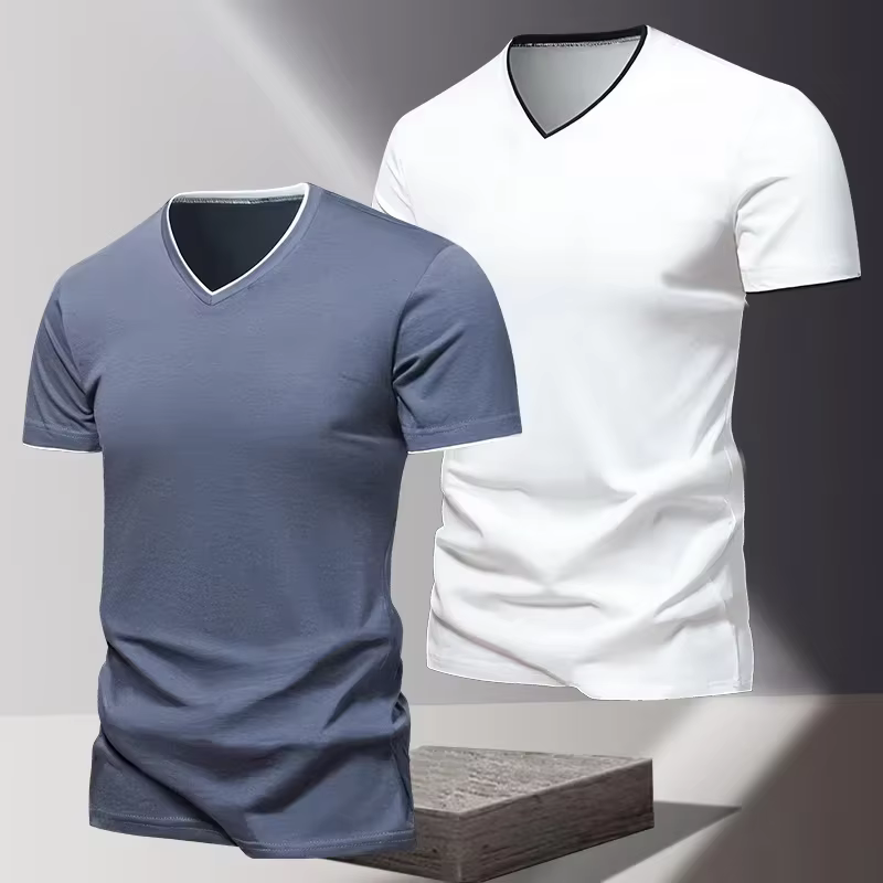 T-shirt pour homme à col en V et manches courtes, T-shirt de sport et de loisirs pour homme, T-shirt basique uni tendance et simple
