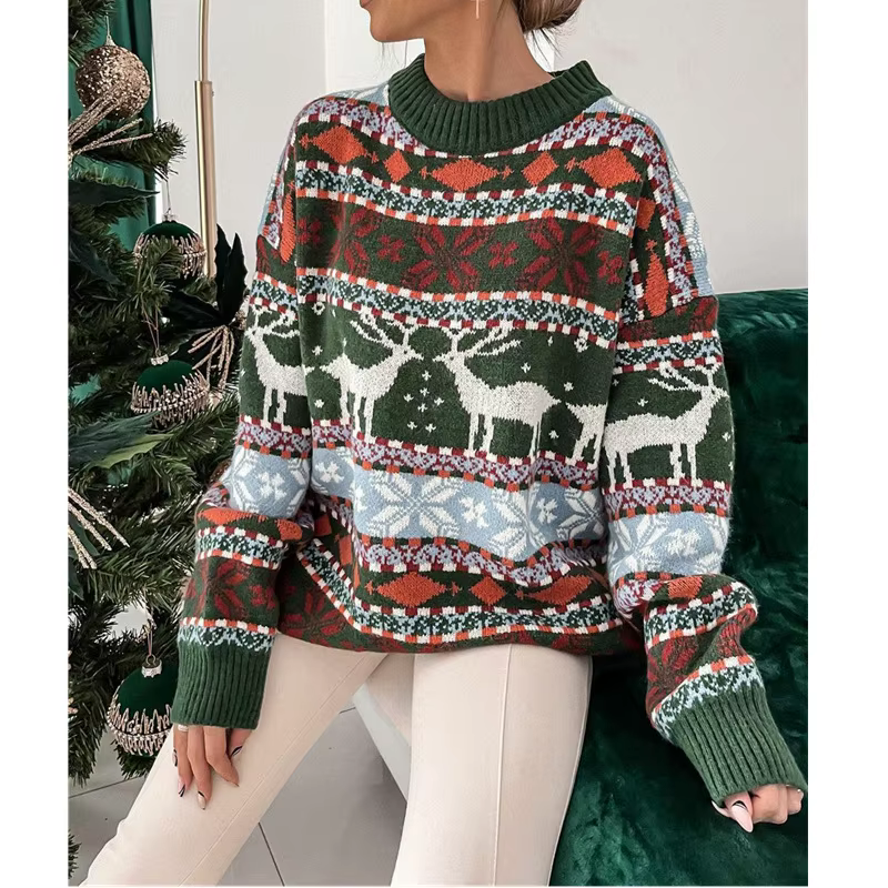 Pull Jacquard à manches longues pour femmes, pull à imprimé cerf, tricots en polyester, chaud, hiver, nouveau, 2024 occasions spéciales