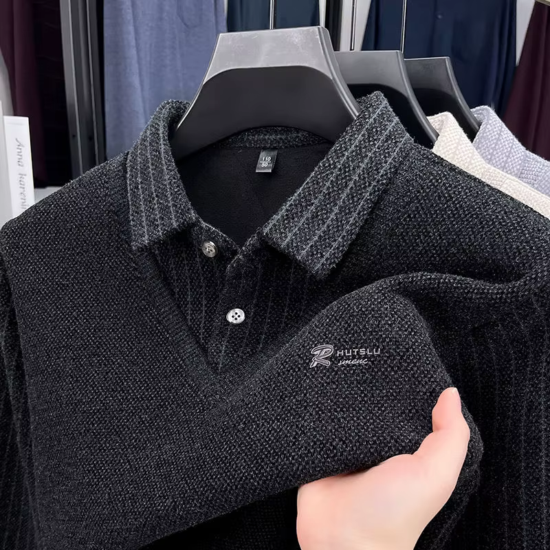 Pull pour hommes col Polo étiquette Patchwork rayures doublure en laine peluche tricoté épaissi pull marque de luxe impression Thermo vêtements pour hommes