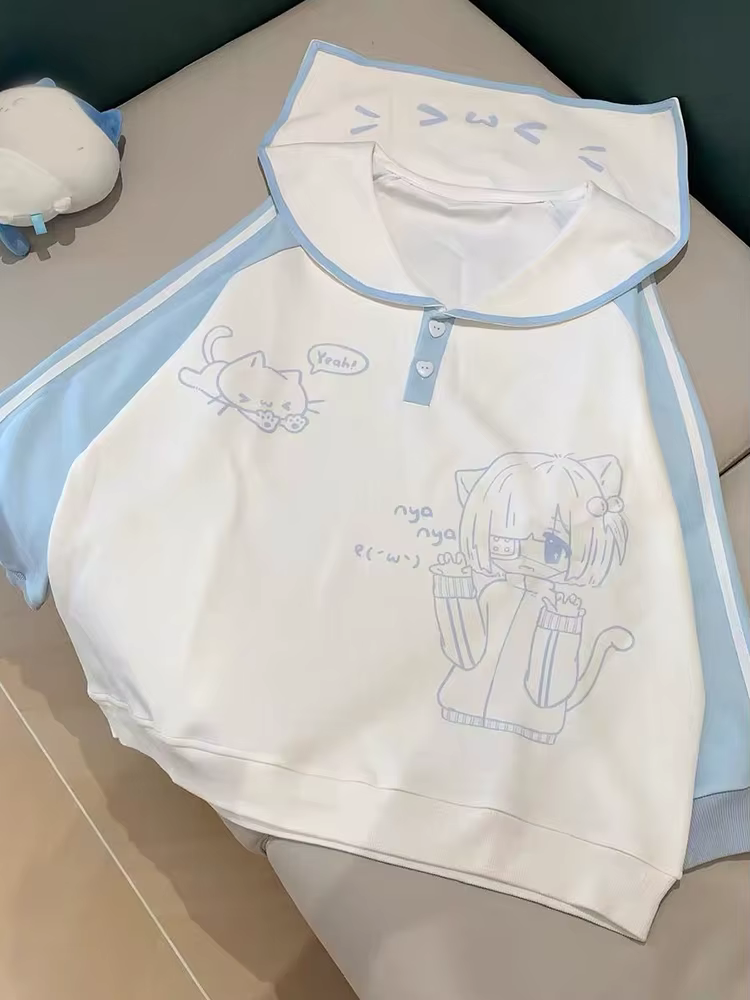 Sweat-shirts à col marin mignons pour femmes, à manches longues, style dessin animé Kawaii, pull-over tendance, coupe ample, style preppy doux, hauts rayés pour l'automne