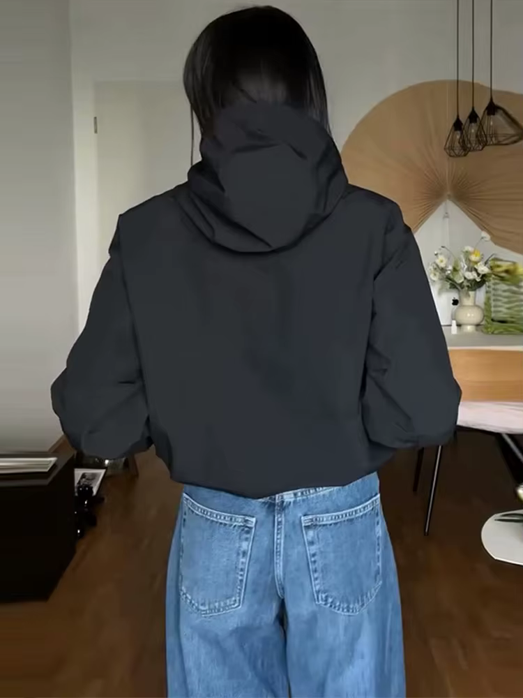 Vestes courtes décontractées à capuche pour femmes, manteaux à col montant avec boutons amples, hauts de couleur unie, vêtements d'extérieur d'automne