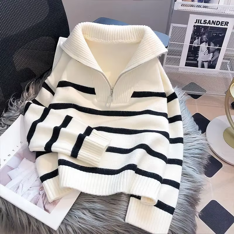 Pull pull femmes printemps et automne sous-vêtements 2023 nouvelle fermeture éclair rayure sous-couche style court populaire premium pull femme