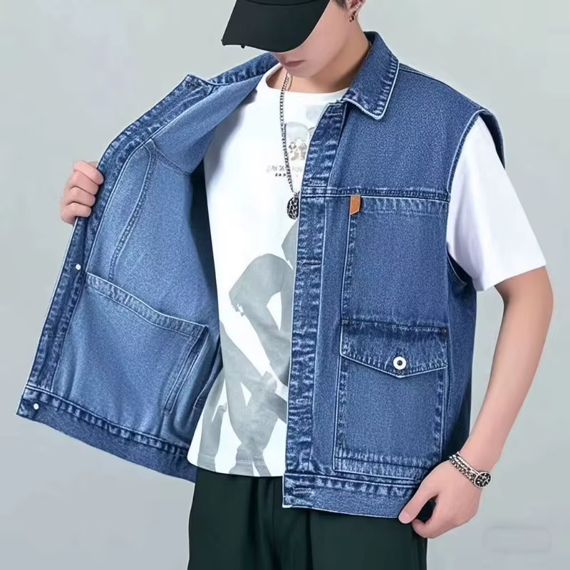 Gilet en jean rétro d'été tendance pour hommes, veste Cargo sans manches, vêtements de travail multi-poches