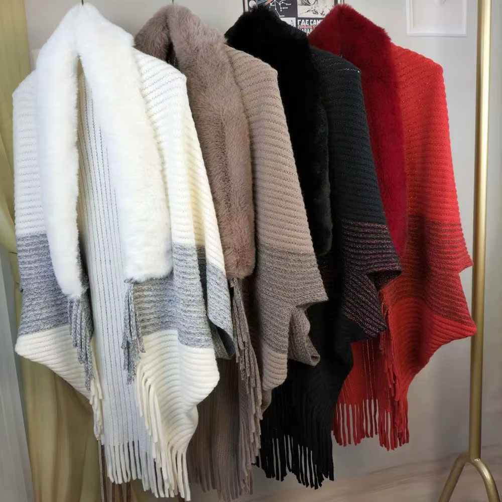 Cape Cardigan à la mode, col en fausse fourrure, enveloppes en peluche, châle tricoté, chaud pour l'hiver