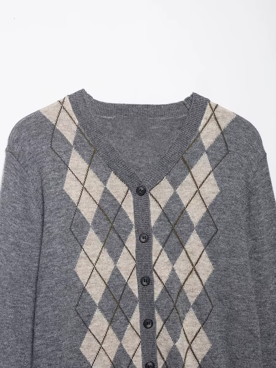 Cardigan gris à carreaux irréguliers pour femme