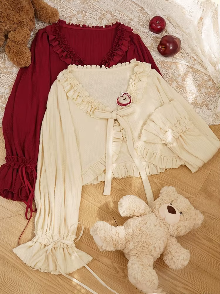 Kawaii Lolita Cardigan femmes japonais doux volants col en V culture hauts décontracté mignon nœud à manches longues tricoté manteau femme printemps nouveau