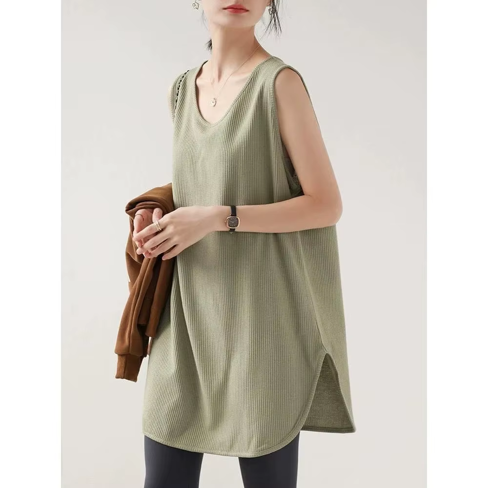 Gilet sans bretelles mi-long ample vert militaire à motif gaufré classique et polyvalent pour femme