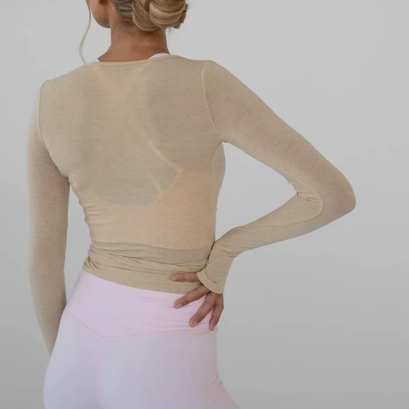 T-shirt de yoga à manches longues pour femmes, haut court, col en V profond, coupe couvertes, décontracté, rond, froncé, devant droit, entraînement, sexy