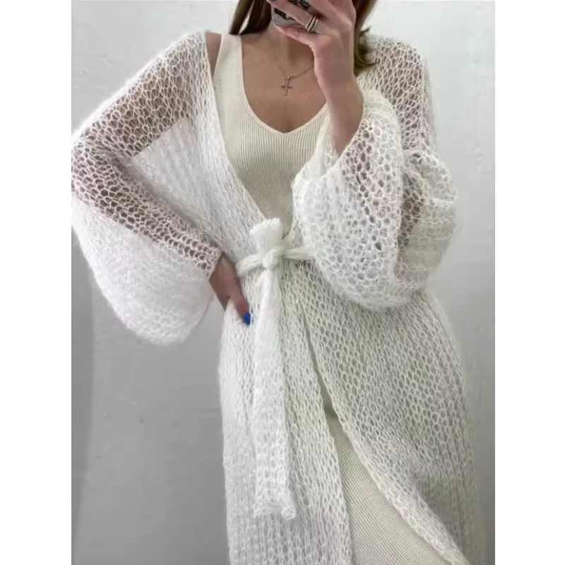Cardigan en tricot pour femme, style ouvert, avec poches avant, couleur unie, coupe longue et ample, pour l'automne et l'hiver