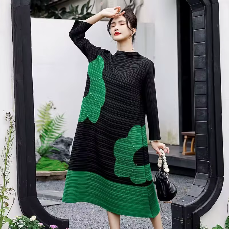 Robes longues pour femmes, col montant, couleur assortie, manches en strass, ourlet en forme de A, jupe longue ample