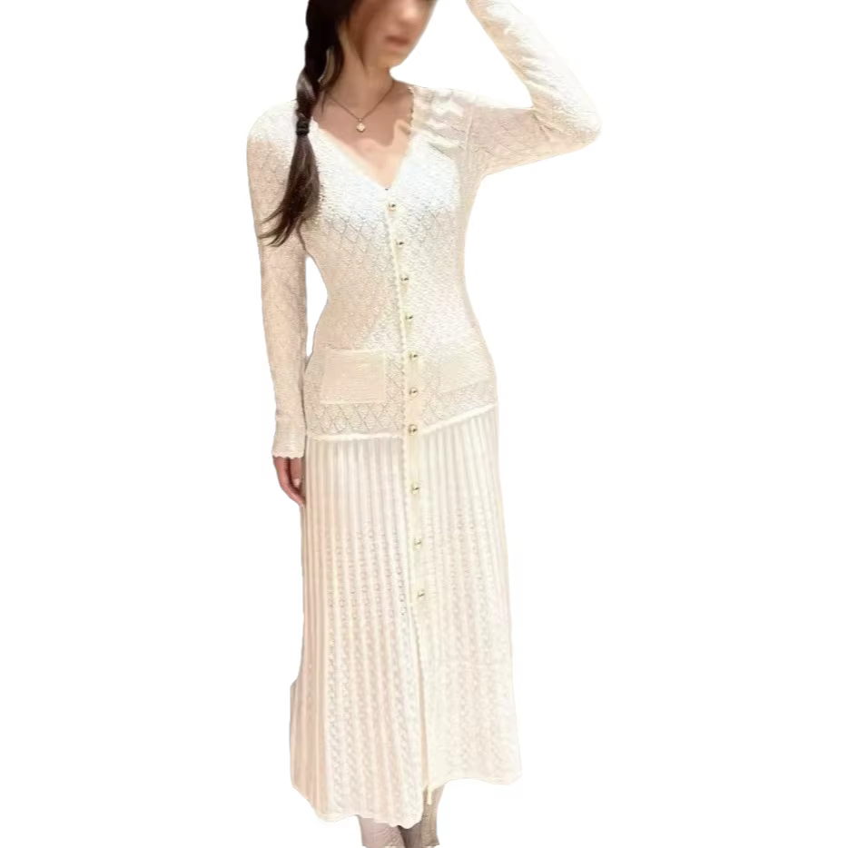 Robe élégante en tricot à col en V ajouré pour femme