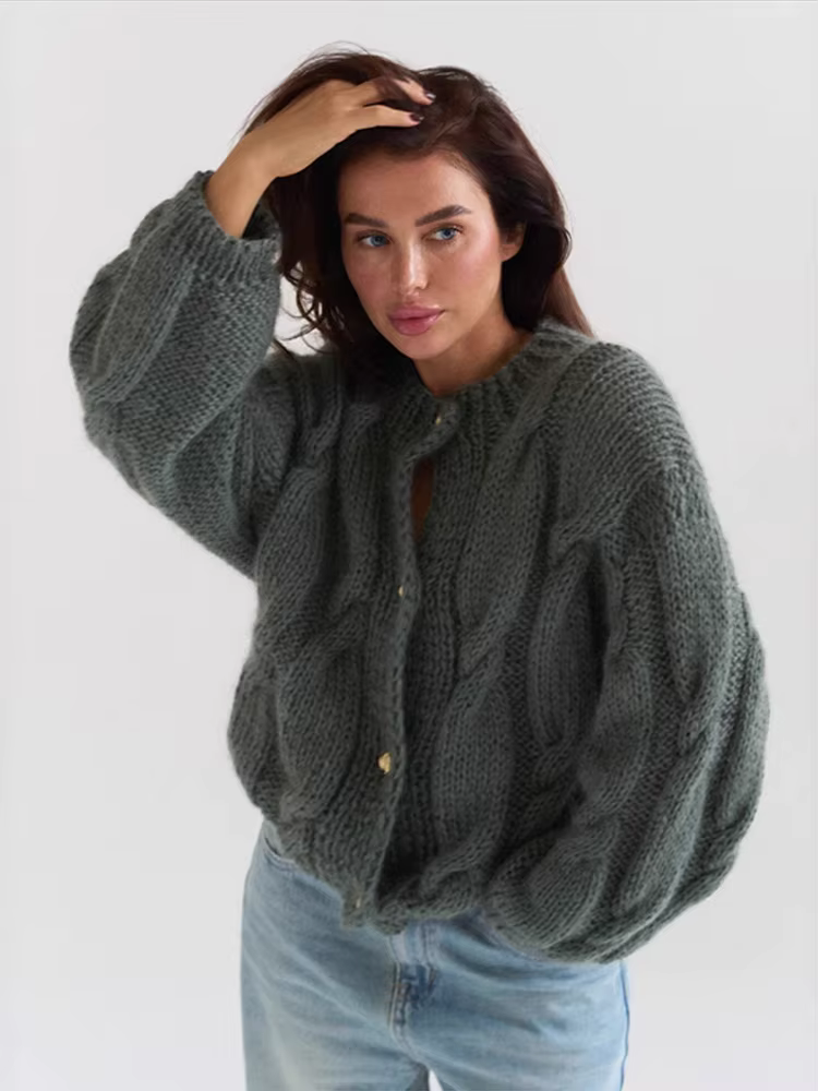 Cardigan en tricot épais et solide avec boutons dorés pour femme