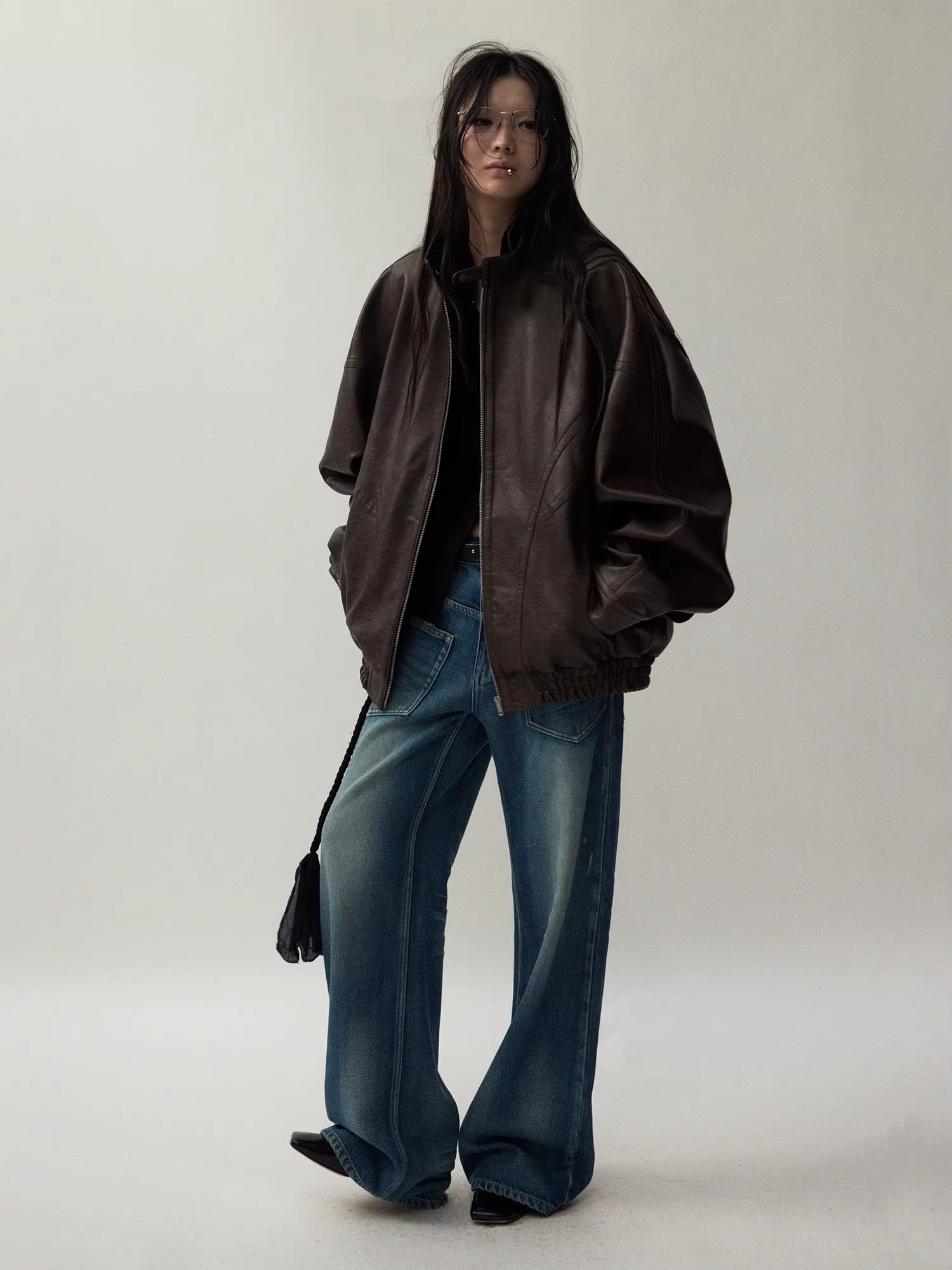 Lautaro automne Cool beau en détresse marron surdimensionné veste en cuir Pu femmes fermeture éclair col montant américain rétro vêtements