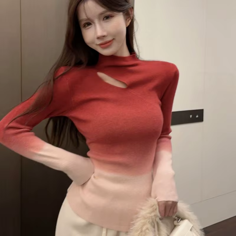 Pull en tricot pour femmes dégradé violet coupe ajustée col roulé creux dames pulls offres Style coréen mode 2025