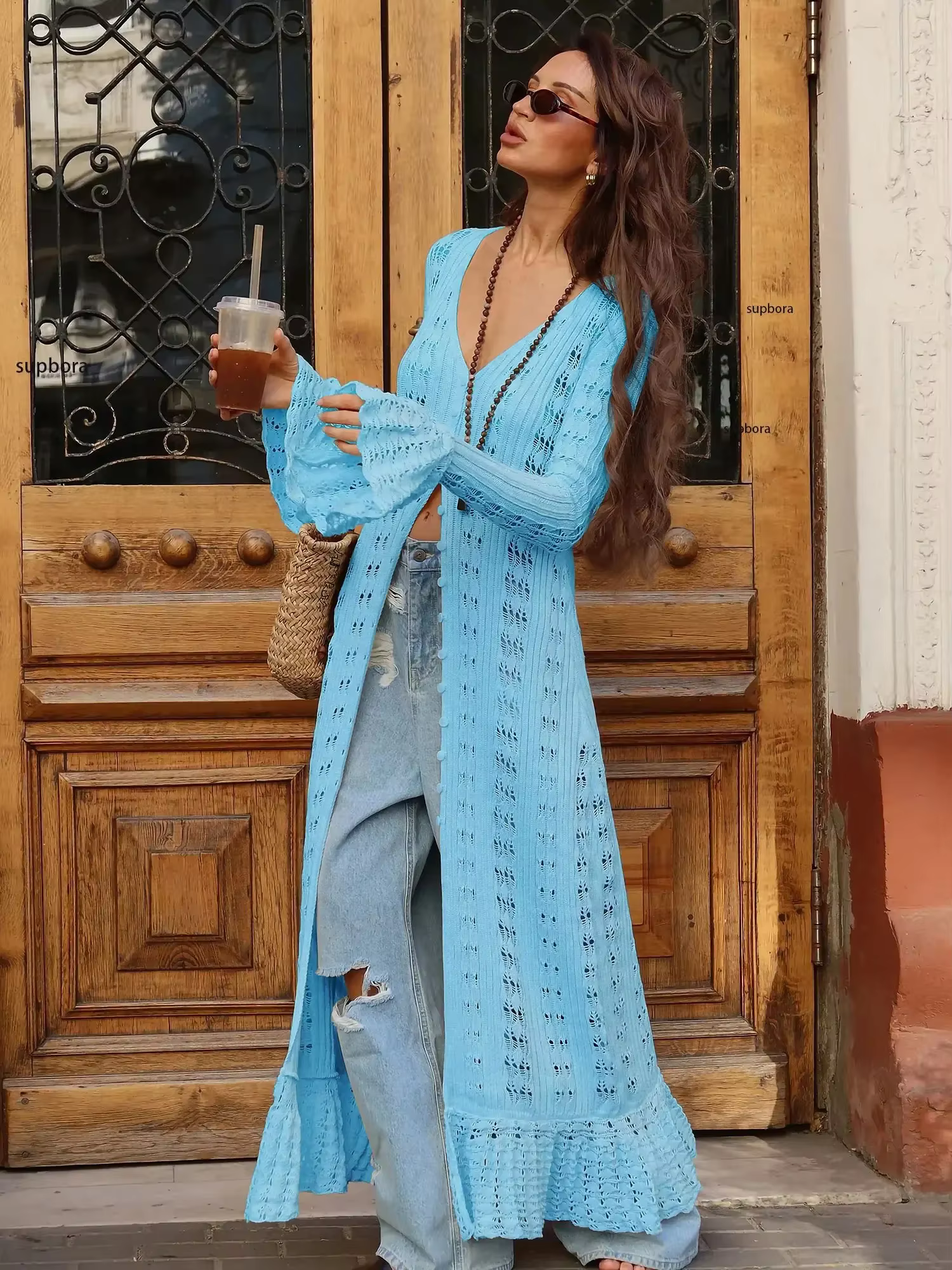 Robe longue pull à boutonnage creux pour femmes