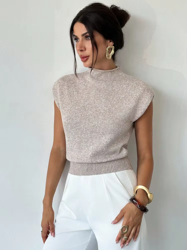 Pull en maille à col montant et manches courtes pour femme – Printemps