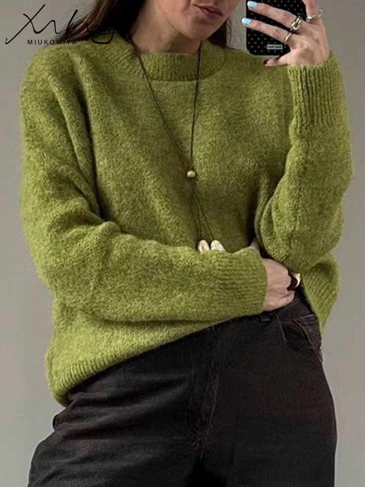 Pull d'hiver pour femme 2025 pulls chauds col rond tricots pulls en tricot ample chandails marron de base pour les femmes hiver rose