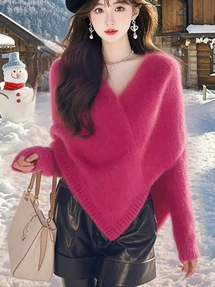 Femmes asymétrique Cape Poncho pull Mohair élégant Style Noble automne hiver hauts