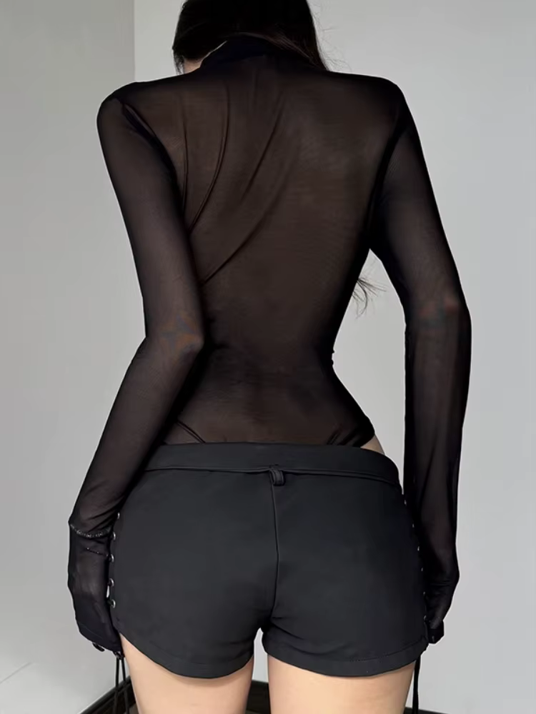 Body transparent en maille floqué, une pièce, manches longues, Lingerie Sexy, col roulé, haut noir, tenue Rave pour femmes