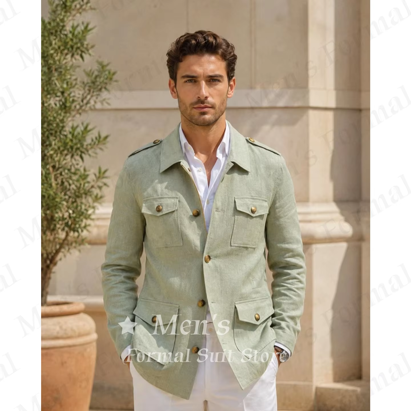 Veste Safari en Lin Vert Sauge pour Homme, Blazer de Chasse Vintage Britannique, Manteau Léger et Respirant pour l'Été, Style Britannique Personnalisé