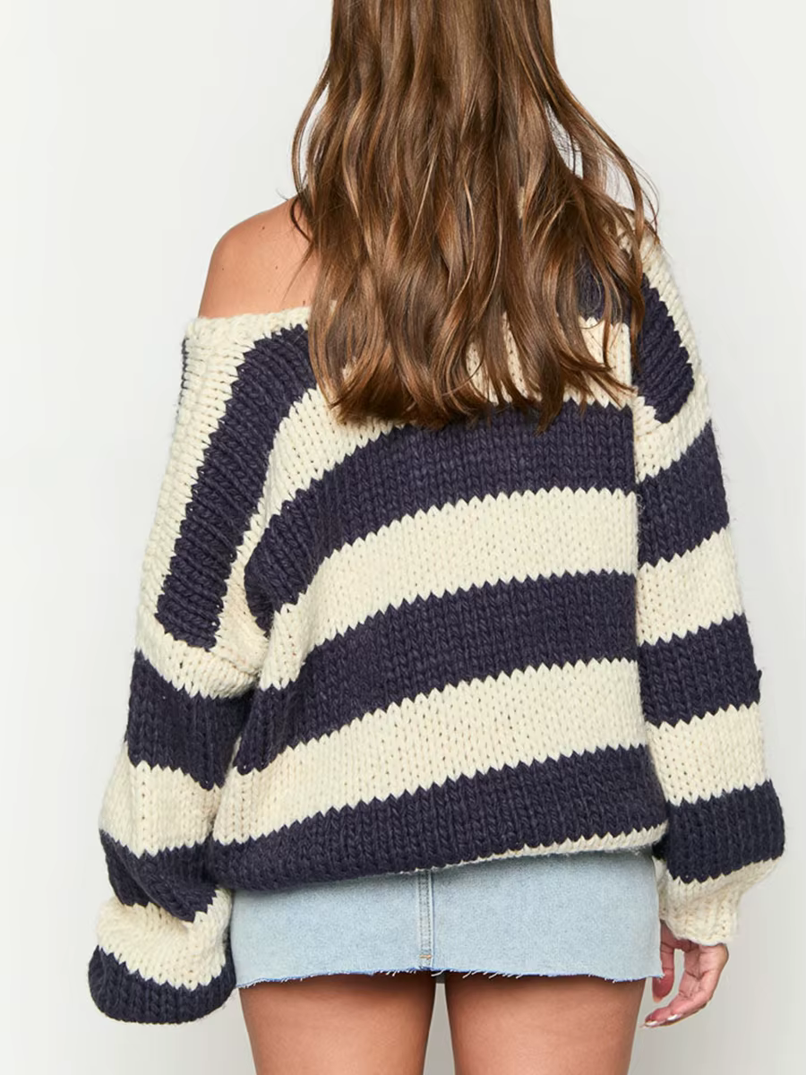 Pull rayé à manches longues et col en V pour femmes