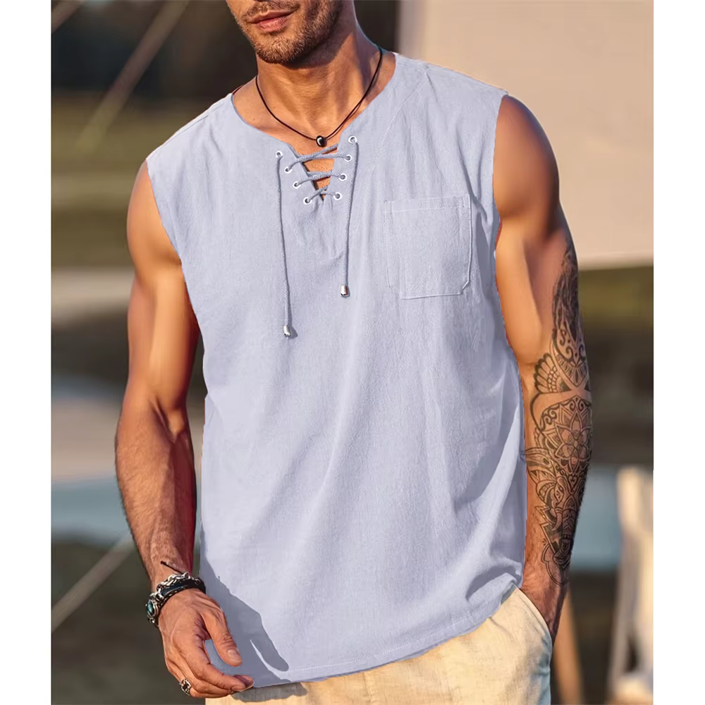 T-shirt sans manches en coton et lin pour hommes, Vintage, col en v, respirant, léger, Style basique, débardeur décontracté